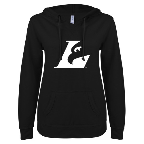  ENZA Womens Black V Notch Raw Edge Fleece Hoodie - Eagle L