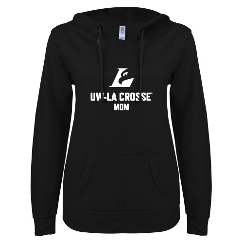  ENZA Womens Black V Notch Raw Edge Fleece Hoodie - UWL Mom