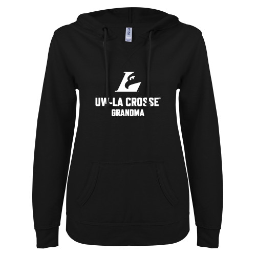  ENZA Womens Black V Notch Raw Edge Fleece Hoodie - UWL Grandma