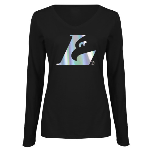  Womens Black Long Sleeve V Neck Tee  - C - Silver Foil