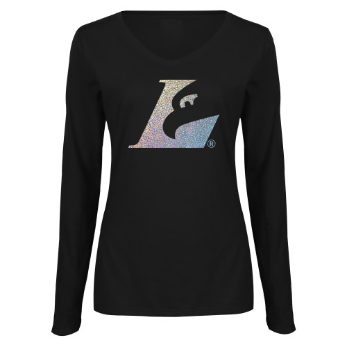  Womens Black Long Sleeve V Neck Tee  - B - Holographic Silver Foil
