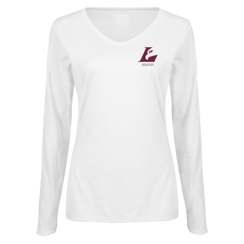  Womens White Long Sleeve V Neck Tee  - Eagle L Athletics