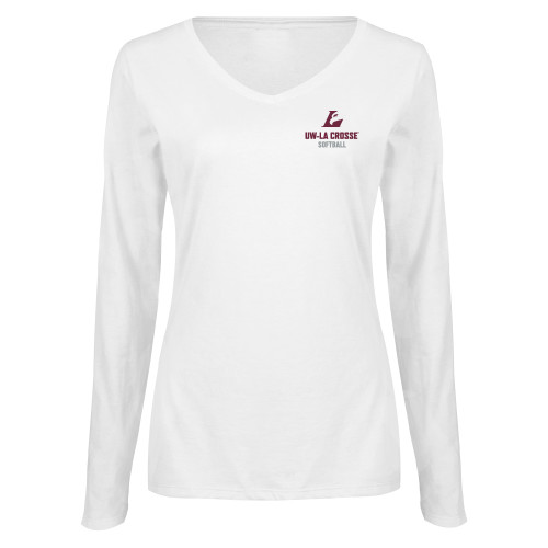  Womens White Long Sleeve V Neck Tee  - UWL Softball