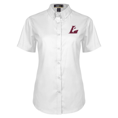  Womens White Twill Button Up Short Sleeve - Eagle L EMB