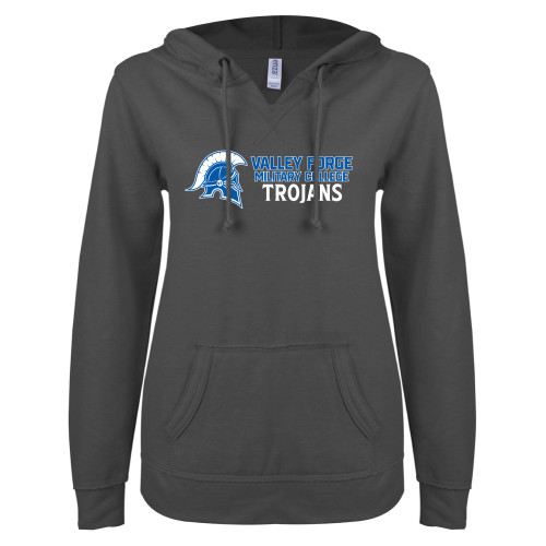  ENZA Womens Dark Heather V Notch Raw Edge Fleece Hoodie - Valley Forge Military College Trojans