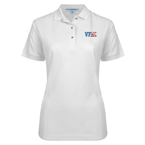  Womens Silk Touch White Pique Polo - VFMC American Flag Flat