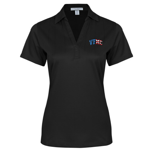  Womens Black Performance Fine Jacquard Polo - VFMC American Flag Curved