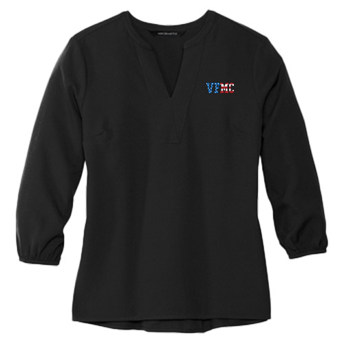  Mercer + Mettle Womens Black 3/4 Sleeve Crepe Blouse - VFMC American Flag Flat