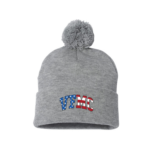  Sportsman Heather Grey Pom Pom Cuffed Beanie - VFMC American Flag Curved