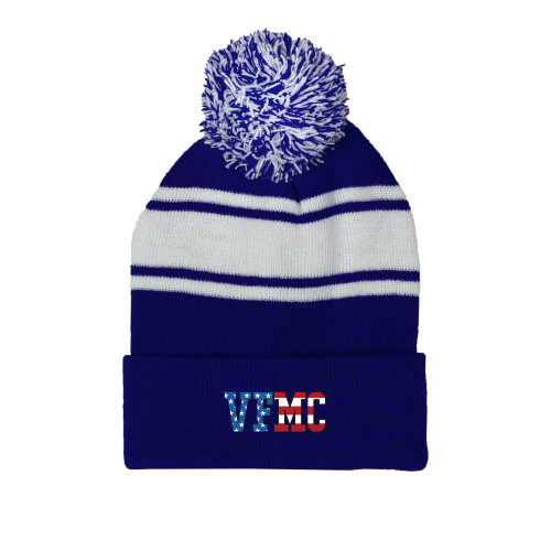  Royal/White Two Tone Knit Pom Beanie w/Cuff - VFMC American Flag Flat