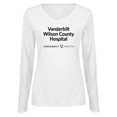  Womens White Long Sleeve V Neck Tee - Vanderbilt Wilson County Hospital Stacked