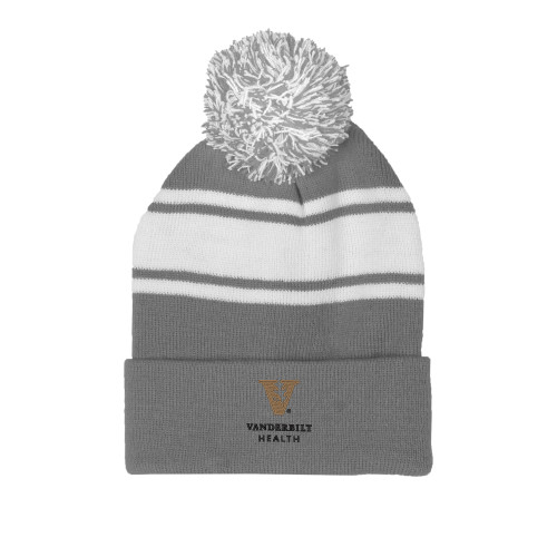  Grey/White Two Tone Knit Pom Beanie w/Cuff - Vanderbilt Health EMB