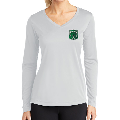  Womens White Performance Long Sleeve V Neck Shirt - Primary Athletic Mark