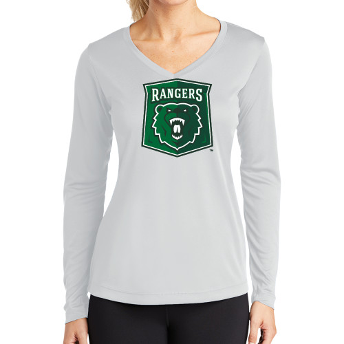  Womens White Performance Long Sleeve V Neck Shirt - Primary Athletic Mark