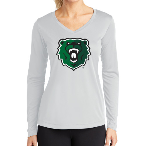  Womens White Performance Long Sleeve V Neck Shirt - Athletic Bear Head