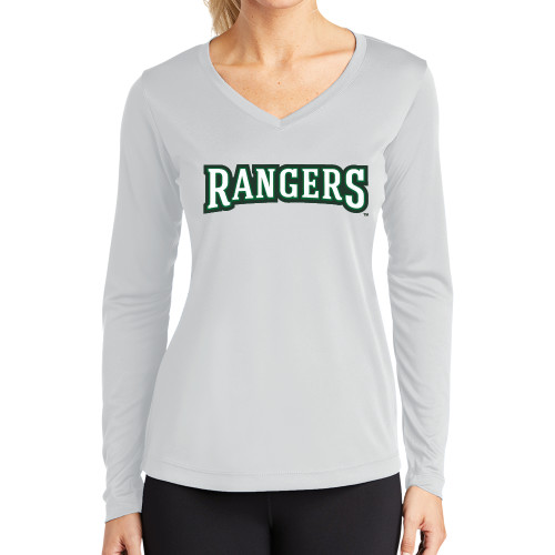  Womens White Performance Long Sleeve V Neck Shirt - Rangers Wordmark