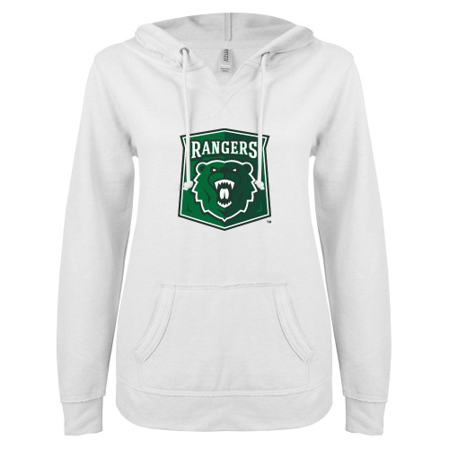  ENZA Womens White V Notch Raw Edge Fleece Hoodie - Primary Athletic Mark