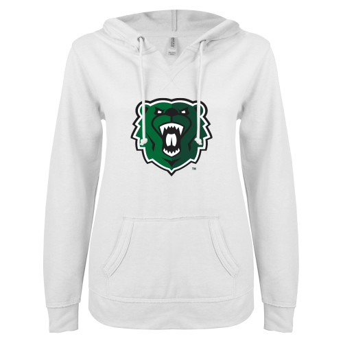  ENZA Womens White V Notch Raw Edge Fleece Hoodie - Athletic Bear Head