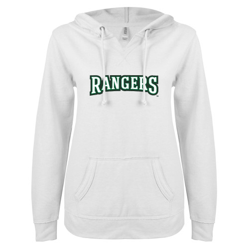  ENZA Womens White V Notch Raw Edge Fleece Hoodie - Rangers Wordmark