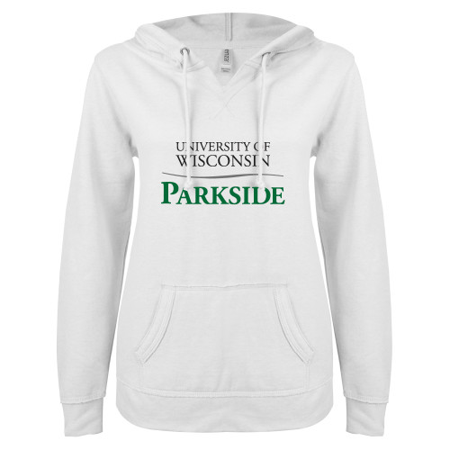  ENZA Womens White V Notch Raw Edge Fleece Hoodie - Parkside Wordmark Vertical
