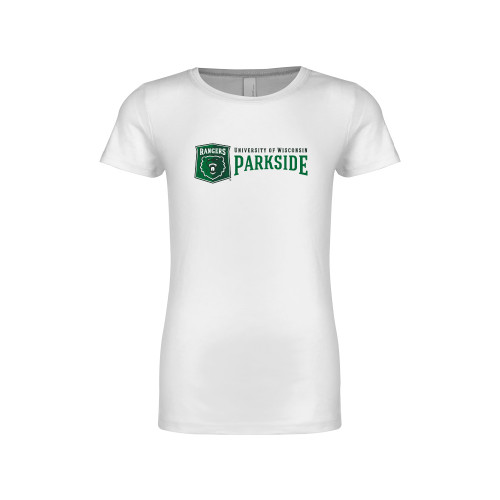  Next Level Girls White Fashion Fit T Shirt - Primary Athletic Mark with Wordmark