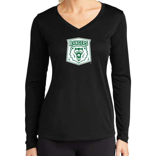  Womens Black Performance Long Sleeve V Neck Shirt - Primary Athletic Mark