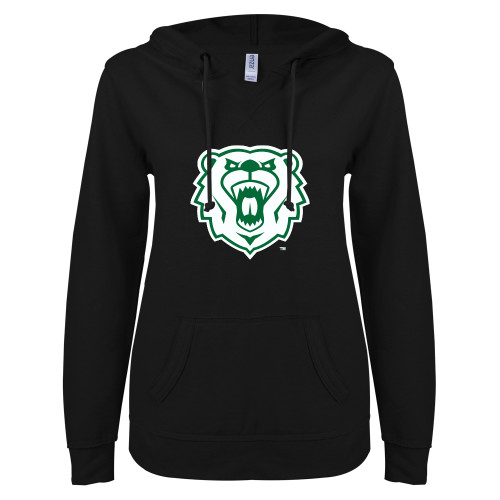  ENZA Womens Black V Notch Raw Edge Fleece Hoodie - Athletic Bear Head