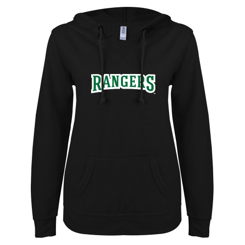 ENZA Womens Black V Notch Raw Edge Fleece Hoodie - Rangers Wordmark