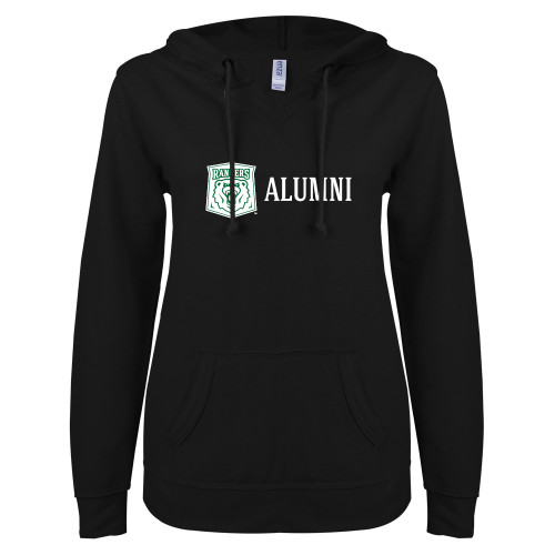  ENZA Womens Black V Notch Raw Edge Fleece Hoodie - Alumni