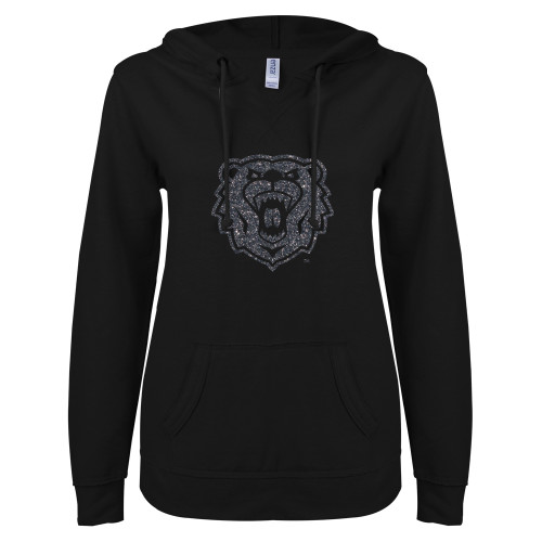  ENZA Womens Black V Notch Raw Edge Fleece Hoodie - F Graphite Soft Glitter