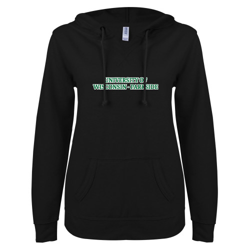  ENZA Womens Black V Notch Raw Edge Fleece Hoodie - University of Wisconsin-Parkside