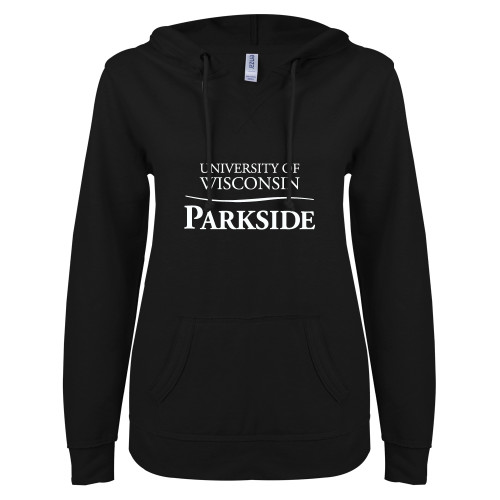  ENZA Womens Black V Notch Raw Edge Fleece Hoodie - Parkside Wordmark Vertical