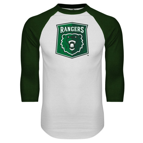  White/Dark Green Raglan Baseball T Shirt - Primary Athletic Mark