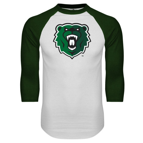  White/Dark Green Raglan Baseball T Shirt - Athletic Bear Head