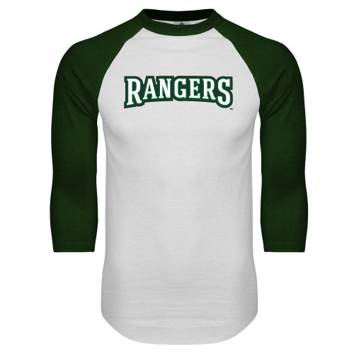  White/Dark Green Raglan Baseball T Shirt - Rangers Wordmark