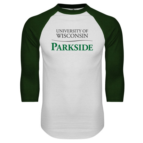  White/Dark Green Raglan Baseball T Shirt - Parkside Wordmark Vertical