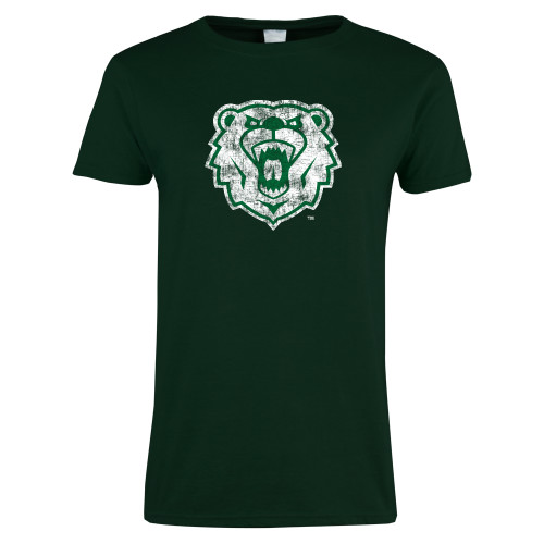  Womens Dark Green Short Sleeve Tee - Bear Head Distressed