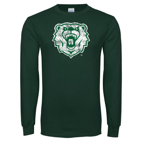 Dark Green Long Sleeve T Shirt - Bear Head Distressed