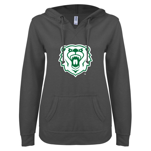  ENZA Womens Dark Heather V Notch Raw Edge Fleece Hoodie - Athletic Bear Head