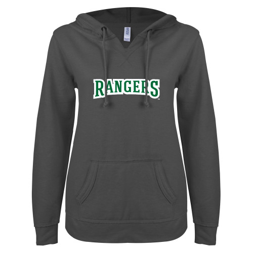  ENZA Womens Dark Heather V Notch Raw Edge Fleece Hoodie - Rangers Wordmark