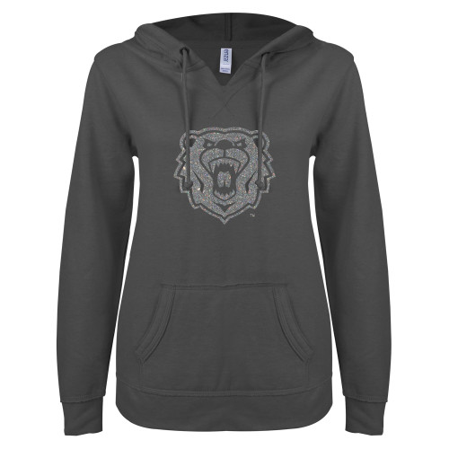  ENZA Womens Dark Heather V Notch Raw Edge Fleece Hoodie - A Silver Soft Glitter