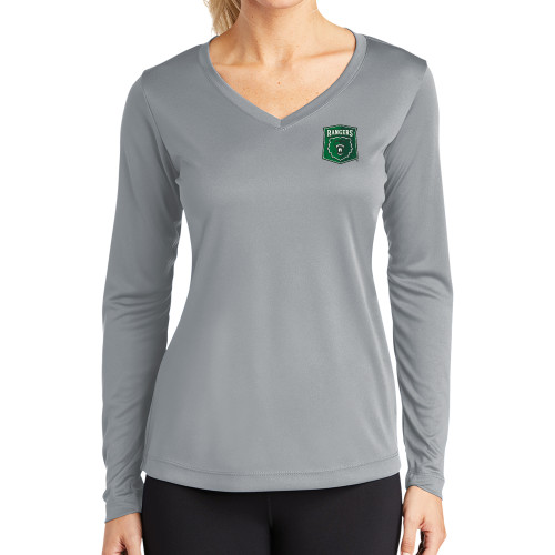  Womens Grey Performance Long Sleeve V Neck Shirt - Primary Athletic Mark
