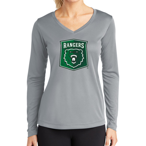  Womens Grey Performance Long Sleeve V Neck Shirt - Primary Athletic Mark