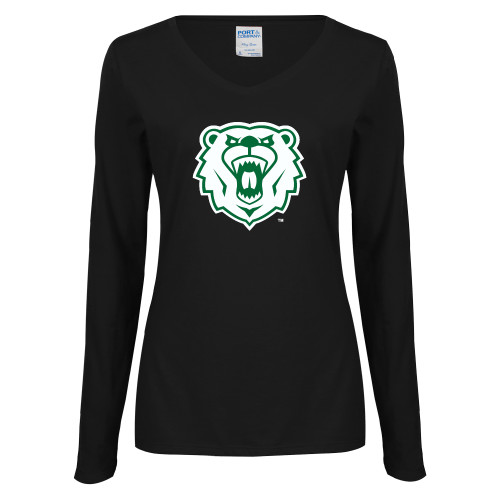  Womens Black Long Sleeve V Neck Tee  - Athletic Bear Head