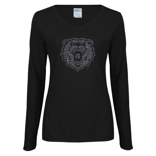  Womens Black Long Sleeve V Neck Tee  - F Graphite Soft Glitter