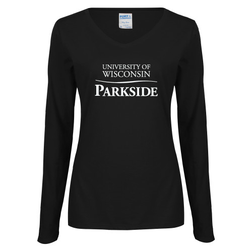  Womens Black Long Sleeve V Neck Tee  - Parkside Wordmark Vertical