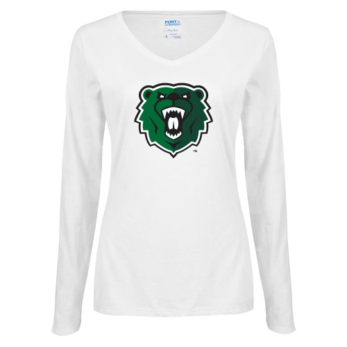  Womens White Long Sleeve V Neck Tee - Athletic Bear Head