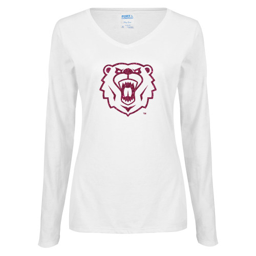  Womens White Long Sleeve V Neck Tee - M Hot Pink Glitter