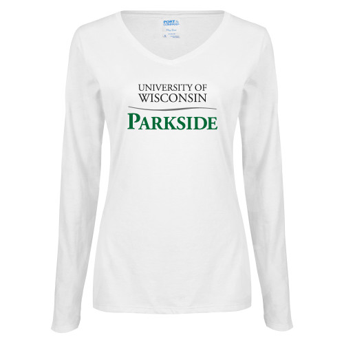  Womens White Long Sleeve V Neck Tee - Parkside Wordmark Vertical