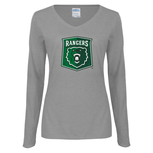  Womens Grey Long Sleeve V Neck Tee  - Primary Athletic Mark